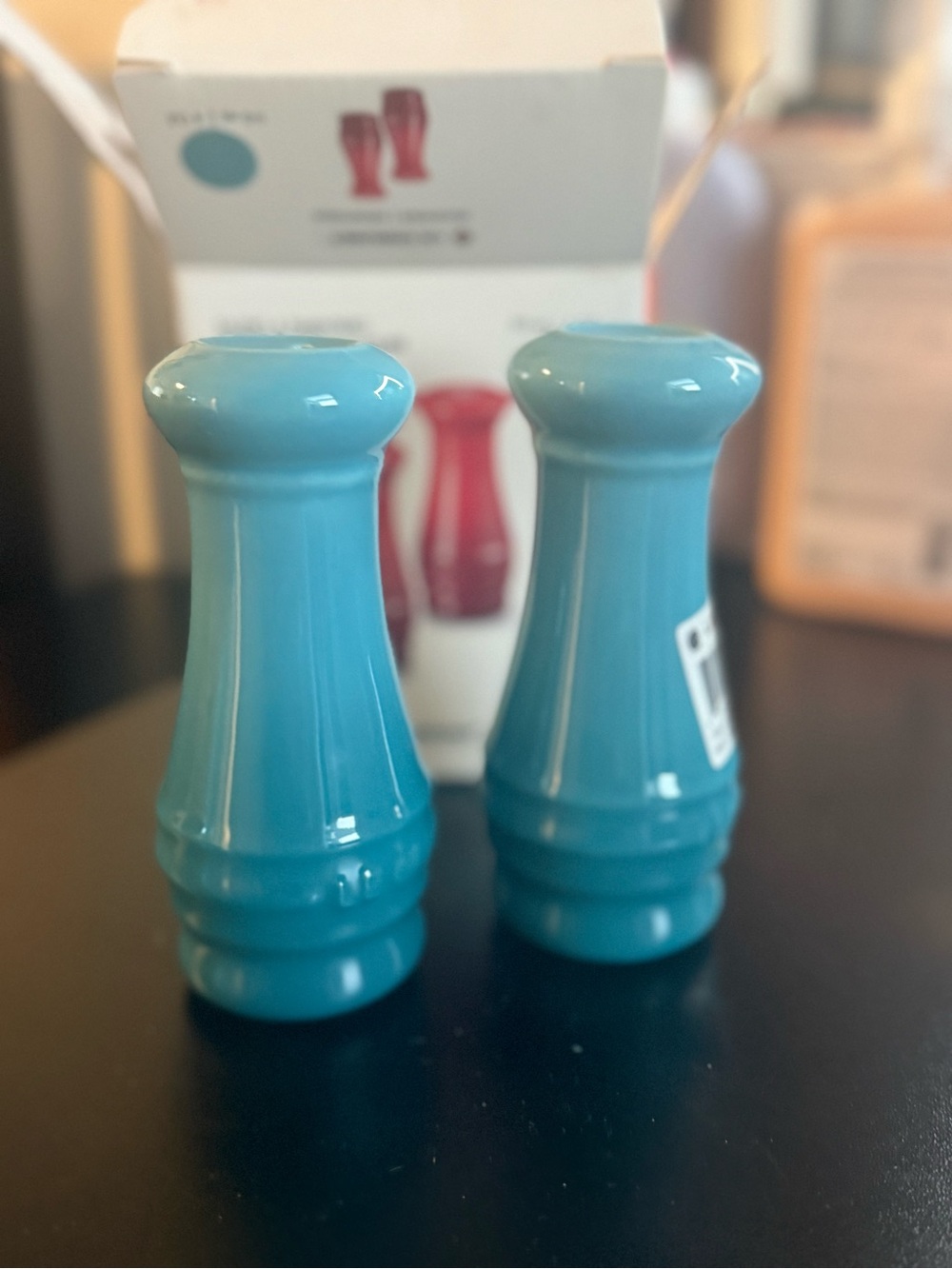 Brand new in box Le Creuset salt and pepper shakers light blue